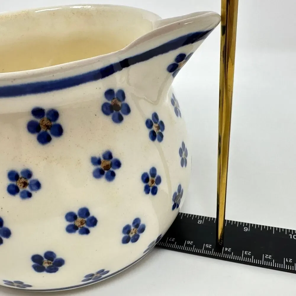 Vintage Heise Bunzlau Pitcher Squat Jug 1L/32oz Blue Daisy German Polish Pottery